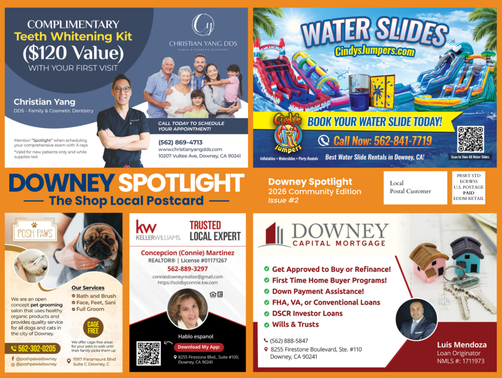 Downey Spotlight postcard with local business ads